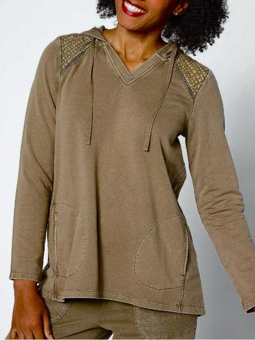 Logo Life Lori Goldstein Olive/Brown Hooded V-Neck Long Sleeve Top